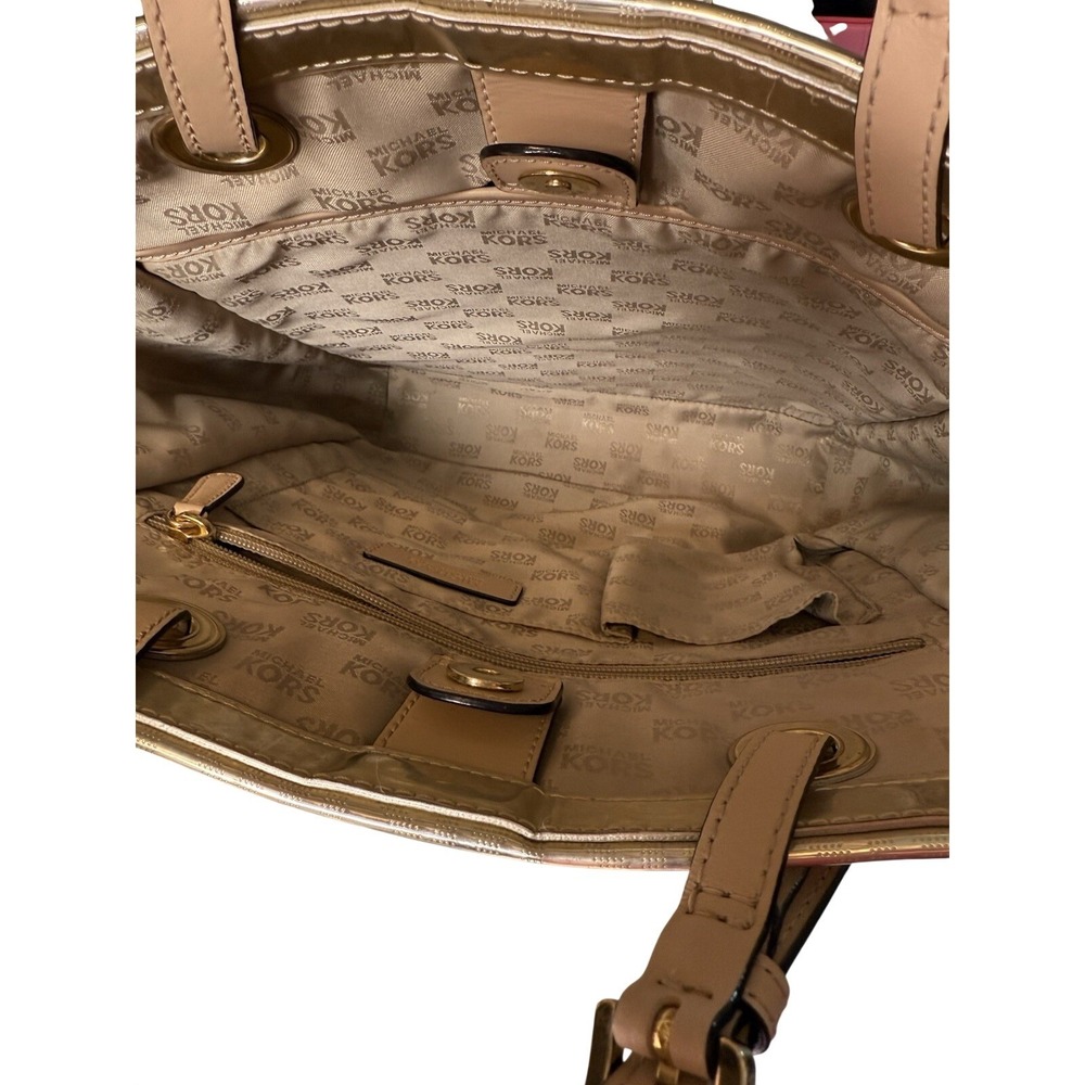Michael Kors Metallic Gold MK Logo Tote Bag 14x14 Shoulder Purse - Picture 3 of 6